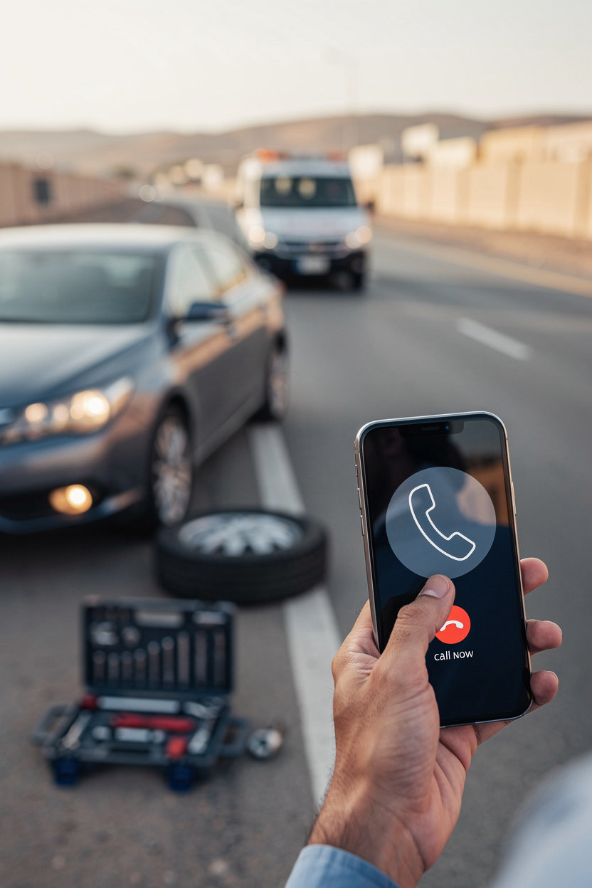 فتح السيارات مكة فني متنقل يصل إلى سيارة على طريق في مكة المكرمة لتقديم خدمة فتح الأبواب والبنشر والصيانة الميدانية